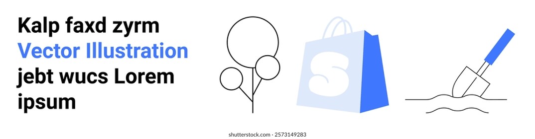 Text on left side, followed by simple line art of balloons, shopping bag, and hand trowel digging soil. Ideal for marketing, shopping promotions, gardening, celebration, and advertisements. Landing