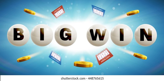 text on lottery balls with coins and lottery ticket isolated on blue glowing background 