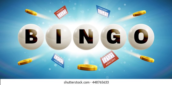 text on lottery balls with coins and lottery ticket isolated on blue glowing background 