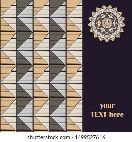 Text on postcard. Ethnic boho seamless pattern. Embroidery on fabric. Patchwork texture. Traditional ornament. Tribal pattern. Folk motif. Can be used for wallpaper, textile, wrapping, web.