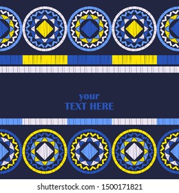 Text on postcard. Ethnic boho seamless pattern. Embroidery on fabric. Patchwork texture. Traditional ornament. Tribal pattern. Folk motif. Can be used for wallpaper, textile, wrapping, web.