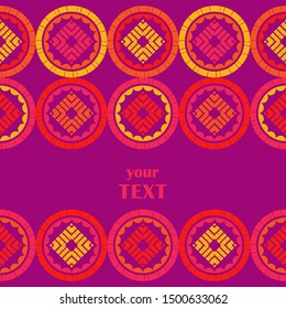 Text on postcard. Polka dots seamless pattern. Mosaic of ethnic figures. Patterned texture. Geometric background. Can be used for wallpaper, textile, invitation card, wrapping, web page background.