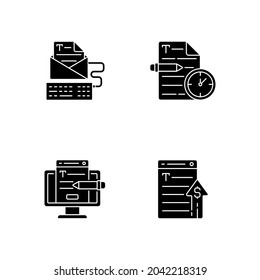 Text for online advertisement black glyph icons set on white space. Typewriting, copywriting services. Professional journalist. Generating income. Silhouette symbols. Vector isolated illustration