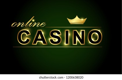 The text online casino in golden glowing font, on a dark background. The stylish design for gambling banner, casino, poker, slot, roulette or bone.