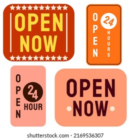 TEXT OPEN NOW. OPEN 24 HOUR ICON CONCEPT DESIGN VECTOR