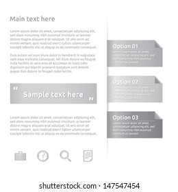 Text with options silver color and quotes | symbols icons lists of paper | abstract vector design | gray background with white color | sample text shadows