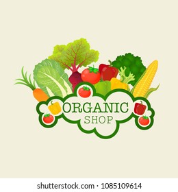 text organic shop logo with vegetables.carrot tomato broccoli beet cabbage corn bell pepper. for label Vector illustration.