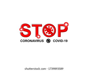 Text outline stop coronavirus or covid-19, font stop sign symbol isolated white background, coronavirus icon cells, forbidden label poster virus vector illustration 