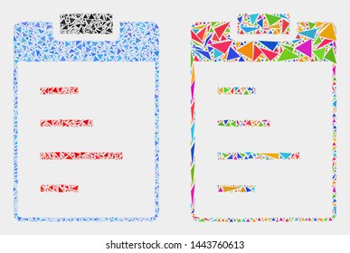Text pad collage icon of triangle items which have variable sizes and shapes and colors. Geometric abstract vector design concept of text pad.