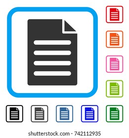 Text Page icon. Flat grey pictogram symbol inside a light blue rounded rectangular frame. Black, gray, green, blue, red, orange color variants of Text Page vector.