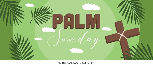 Text PALM SUNDAY, cross and branches on green background 