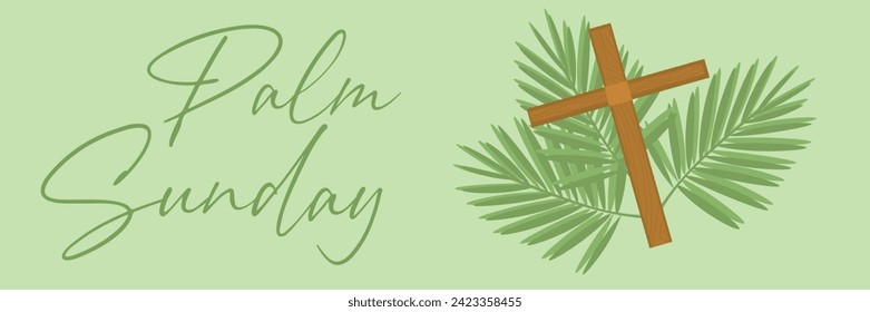 Text PALM SUNDAY, cross and branches on green background 