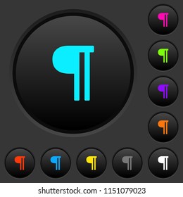 Text paragraph dark push buttons with vivid color icons on dark grey background