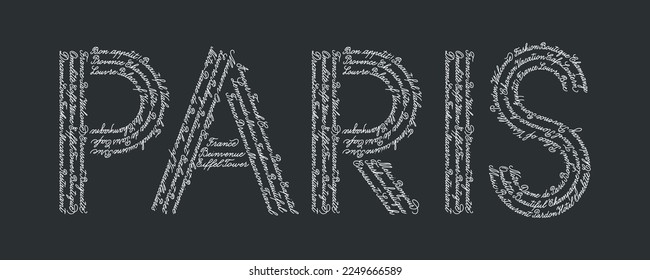 Text Paris. The shape is filled with repeated handwritten English words and some French popular words, translation: Welcome, Hello, Sorry, Love, Thanks.