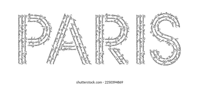 Text Paris. The shape is filled with repeated handwritten English words and some French popular words, translation: Welcome, Hello, Sorry, Love, Thanks.