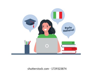 Text "Parlo Italiano" in Italian language means "I speak Italian". Woman student studies foreign language. Online education concept. Flat vector illustration.