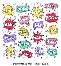 Text patch stickers. Speech comic funny text patches, Cool, Bang and Wow doodle comical speech clouds, thinking bubbles and comics words vector illustration icon set. oops, yes and ok, wtf signs