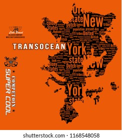 Text patterned world map with around logos, shapes and letters on orange background. Vector illustration.