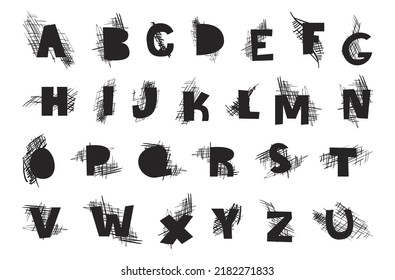 Text Pencil Hatching Doodle Letters Abstract Line Art Black Handwriting Sketch Set Vector Illustration. Alphabet Scribble Dirty Drawing Font Type Sign Isolated. Marker Scratching Hand Drawn Texture