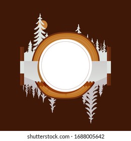 Text place for woodworking business, circle banner, pine, isolated on brown, concept flat vector illustration. Design wood, forest treatment poster, timber products, tree, font area.