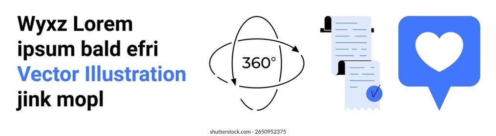 Text placeholder beside a 360-degree orbit symbol, stack of documents with a checkmark, and heart in chat bubble. Ideal for virtual tours, document management, approvals, social media, web design