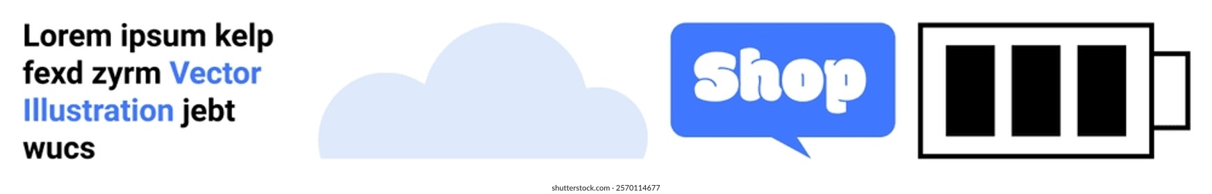 Text placeholder with cloud icon, shop sign, and battery level symbol. Ideal for e-commerce, technology services, website design, cloud storage, and online shop platforms. Banner for landing page