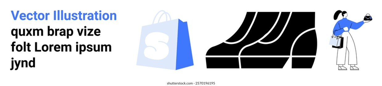 Text with placeholder content, a blue shopping bag, black and white stacked footwear, and a person offering a package. Ideal for online shopping, e-commerce, retail, delivery, customer service