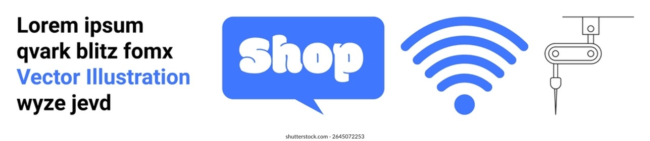 Text placeholder on left side, shop button in speech bubble, wireless signal icon, automated robotic arm. Ideal for e-commerce, technology, retail, communication, automation. Banner for landing page