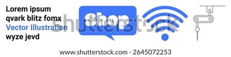 Text placeholder on left side, shop button in speech bubble, wireless signal icon, automated robotic arm. Ideal for e-commerce, technology, retail, communication, automation. Banner for landing page