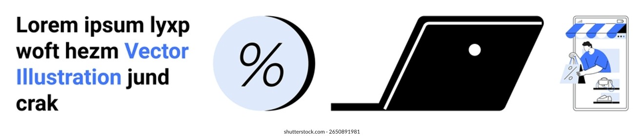 Text placeholder with a percentage symbol, black laptop, and a shopkeeper with a storefront. Ideal for e-commerce sites, online stores, digital marketing, sales, business presentations, website