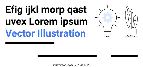 Text with placeholder words, light bulb with gear inside, plant in a pot. Ideal for brainstorming, innovation, marketing, presentations, web design, startups, infographics. Landing page