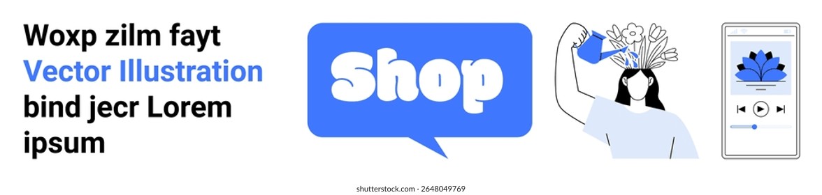 Text with placeholder words, speech bubble with Shop written in it, character watering flowers sprouting from head, and mobile phone with flower icon. Ideal for ecommerce, online shopping, digital