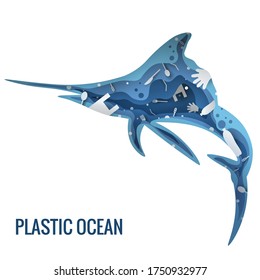 Text - plastic ocean. Swordfish for laser cutting, plotter and scrapbooking. Plastic trash planet pollution concept vector illustration. Swordfish outline filled with plastic waste 3d icon. Production