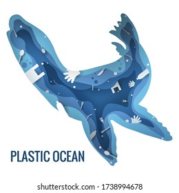 Text - plastic ocean. Plastic trash planet pollution concept vector illustration. Fur seal, sea lion, sea leopard marine mammal outline filled with plastic waste 3d icon. 3D laser cutting.