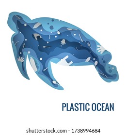 Text - plastic ocean. Plastic trash planet pollution concept vector illustration. Turtle marine mammal outline filled with plastic waste 3d icon. 3D laser cutting.