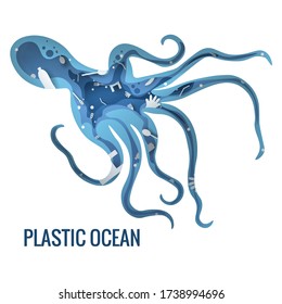 Text - plastic ocean. Plastic trash planet pollution concept vector illustration. Octopus, cuttlefish marine outline filled with plastic waste 3d icon. 3D laser cutting