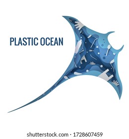 Text - plastic ocean. Plastic trash pollution concept vector illustration. Sea Stingray marine mammal outline filled with plastic waste 3d icon. Zero waste concept, microplastic pollution 