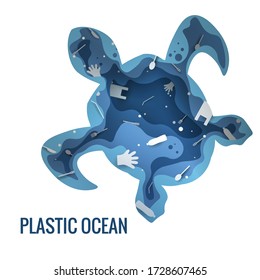 Text - plastic ocean. Plastic trash pollution concept vector illustration. Turtle marine mammal outline filled with plastic waste 3d icon. Zero waste concept, microplastic pollution problem 