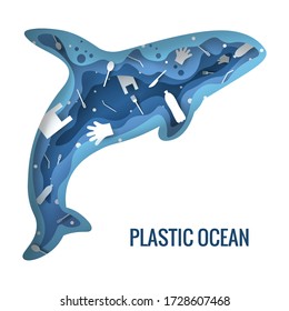 Text - plastic ocean. Plastic trash pollution concept vector illustration. Killer whale marine mammal outline filled with plastic waste 3d icon. Zero waste concept, microplastic pollution 
