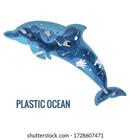 Text - plastic ocean. Plastic trash pollution concept vector illustration. Dolphin marine mammal outline filled with plastic waste 3d icon. Zero waste concept, microplastic pollution problem 