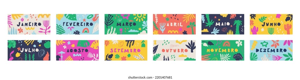 Text in Portuguese, translation - January, February, March, April, May, June, July, August, September, October, November, December. Set of banners of colorful doodle flora backgrounds. Vector.