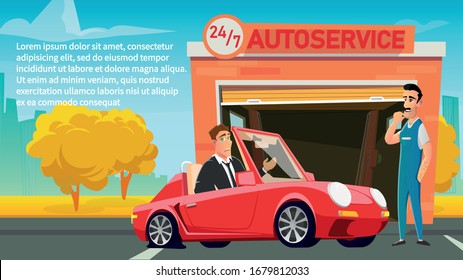 Text Poster Advertise Round The Clock Autoservice. Client on Red Car Visiting Repair Service for Scheduled Vehicle Diagnostics and Maintenance. Friendly Repairer Greeting Man. Vector Illustration
