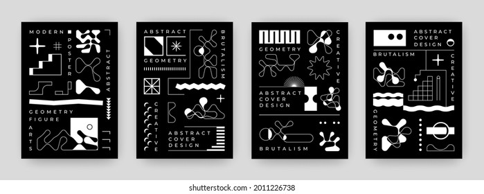 Text posters. Abstract modern banners with contemporary typography and brutalism minimalistic shapes. Black and white graphic flyers. Contour silhouette figures. Vector book cover set