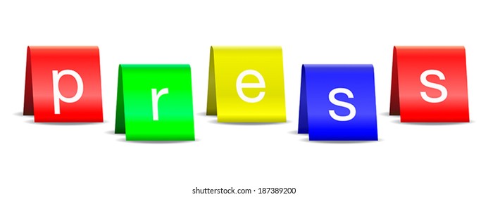 Text Press on folded paper cards with shadow, like on a table. Cutout, isolated on white background.