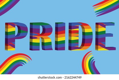 the text pride with the colors of the lgbt flag on a light blue background