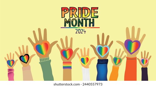 Text Pride Month 2024. People raising hands. hands holding LGBT rainbow flag in shape of a heart. Pride Month flat vector illustration