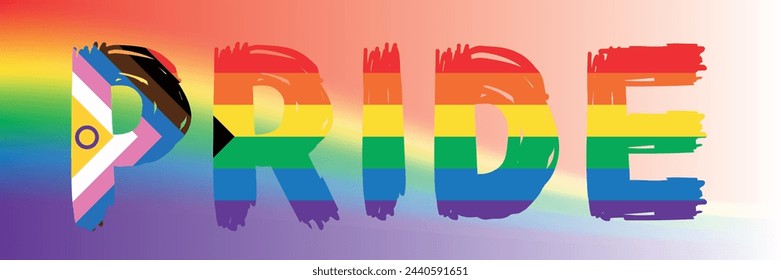 Text Pride. Typography with LGBT Intersex Progress Pride flag colors. New LGBTQ Pride Flag. New Updated Intersex Inclusive Progress Flag LGBT, LGBTQ or LGBTQIA plus Pride. Vector illustration