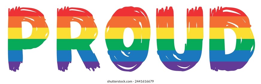 Text Proud isolated. Typography with LGBT Progress Pride flag colors. New LGBTQ Pride Flag. New Updated Intersex Inclusive Progress Flag LGBT, LGBTQ or LGBTQIA plus Pride. Vector illustration