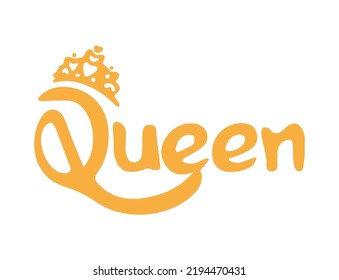 Text Queen With Crown. Icon. Layout Or Banner. Font, Words And Letters. Vector Gold Illustration