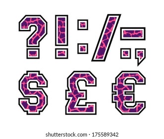 Text (question mark, coma, dot) and currency symbols (dollar, euro, pound). Vector illustration.